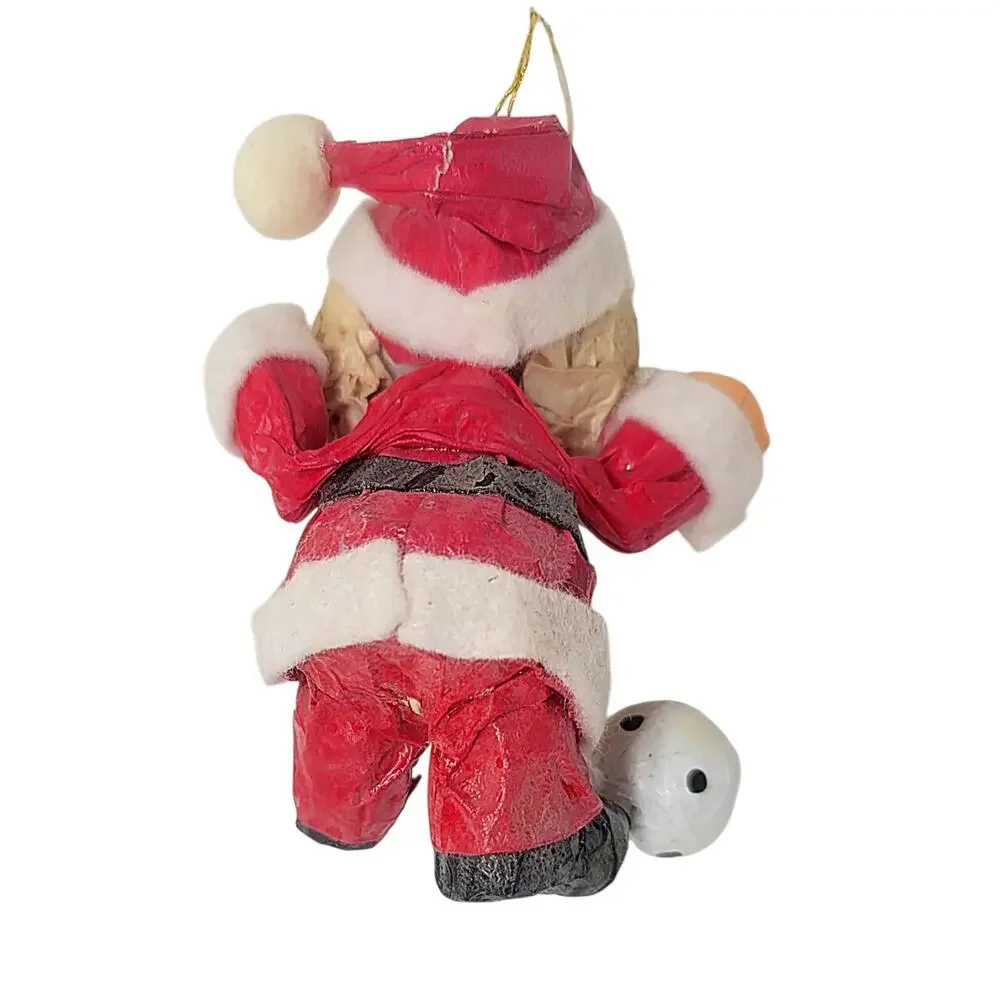 Vintage Paper Mache Santa Claus With Soccer Ball Christmas Ornament 3.5